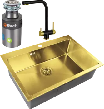 Комплект Мойка кухонная Zorg Inox PVD Inox Pvd SZR-7551 bronze + Смеситель Sanitary ZR 348 YF BLACK BRONZE + Измельчитель Bort Titan 4000 Plus