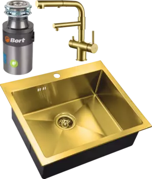 Комплект Мойка кухонная Zorg Inox PVD Inox Pvd SZR-5951 bronze + Смеситель Sanitary SZR-3216 Bronze бронза + Измельчитель Bort Titan 4000 Control