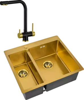 Комплект Мойка кухонная Zorg Inox PVD SZR-59-2-51-R BRONZE R, бронза + Смеситель Sanitary ZR 348 YF BLACK BRONZE