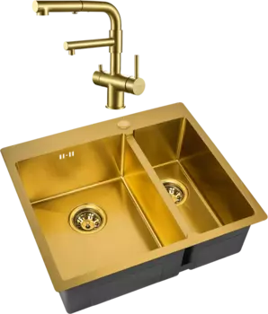 Комплект Мойка кухонная Zorg Inox PVD SZR-59-2-51-L BRONZE L, бронза + Смеситель Sanitary SZR-3216 Bronze бронза