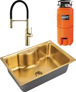 Комплект Мойка кухонная Zorg Inox PVD SZR 6545 BRONZE бронза + Смеситель Steel Hummer SH 2022 BRONZE бронза + Измельчитель Omoikiri Nagare slim 500