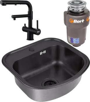Комплект Мойка кухонная Zorg Inox PVD SZR 4749 GRAFIT графит + Смеситель Sanitary SZR-3216 Grafit графит + Измельчитель Bort Titan Max Power FullControl
