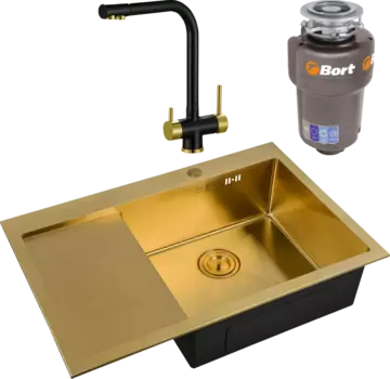 Комплект Мойка кухонная Zorg Inox Pvd SZR-7851-R Bronze + Смеситель Sanitary ZR 348 YF BLACK BRONZE + Измельчитель Bort Titan 5000 Control