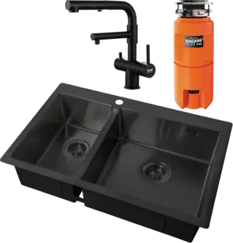 Комплект Мойка кухонная Zorg Light + Смеситель Sanitary SZR-3216 Grafit графит + Измельчитель Omoikiri Nagare slim 500