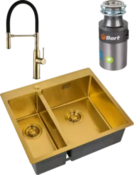 Комплект Мойка кухонная Zorg Light ZL R 590-2-510-R BRONZE R, бронза + Смеситель Steel Hummer SH 2022 BRONZE бронза + Измельчитель Bort Titan 4000 Plus