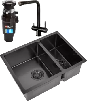 Комплект Мойка кухонная Zorg Light ZL R 580-2-440 GRAFIT графит + Смеситель Inox SZR-7039 GRAFIT графит + Измельчитель Bort Master Eco