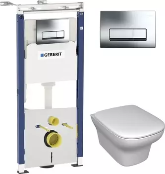 Комплект Система инсталляции для унитазов Geberit Duofix Платтенбау 458.125.21.1 4 в 1 с кнопкой смыва + Унитаз подвесной Jacob Delafon Vox EDM102-00 + Крышка-сиденье Jacob Delafon Vox E20142-00 с микролифтом + Шумоизоляционная панель для инст