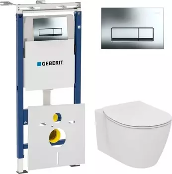 Комплект Система инсталляции для унитазов Geberit Duofix Платтенбау 458.125.21.1 4 в 1 с кнопкой смыва + Крышка-сиденье Ideal Standard Connect E772401 с микролифтом + Унитаз подвесной Ideal Standard Connect AquaBlade E047901 + Шумоизоляционная