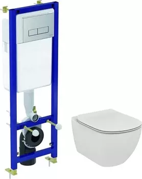 Комплект Система инсталляции для унитазов Ideal Standard W3710AA 4 в 1 + Крышка-сиденье Ideal Standard Tesi T352701 с микролифтом, петли хром + Унитаз подвесной Ideal Standard Tesi T007901