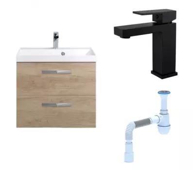Комплект: Тумба с раковиной BelBagno Aurora 60 rovere nebrasca nature + Смеситель Haiba HB10803-7 черный + Сифон АниПласт 128677+HB10803-7+C2015xrv