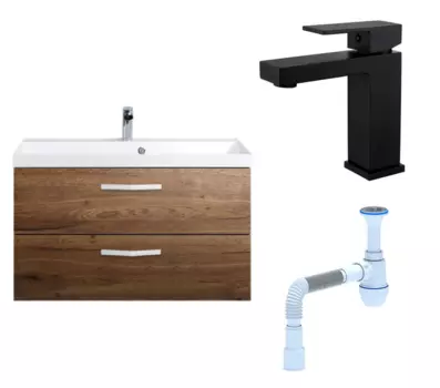 Комплект: Тумба с раковиной BelBagno Aurora 90 rovere tabacco + Смеситель Haiba HB10803-7 черный + Сифон АниПласт 129798+HB10803-7+C2015xrv