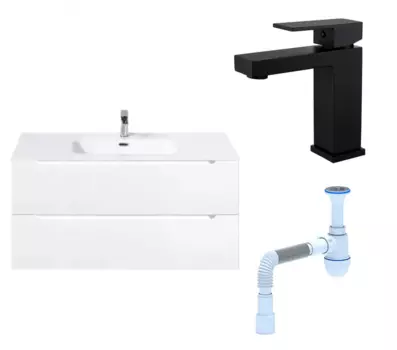 Комплект: Тумба с раковиной BelBagno Etna 100 bianco lucido + Смеситель Haiba HB10803-7 черный + Сифон АниПласт 131258+HB10803-7+C2015xrv