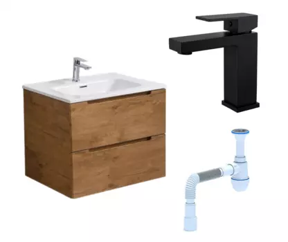 Комплект: Тумба с раковиной BelBagno Etna 60 rovere nature + Смеситель Haiba HB10803-7 черный + Сифон АниПласт 119255+HB10803-7+C2015xrv