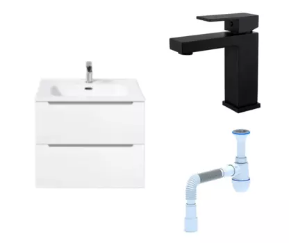 Комплект: Тумба с раковиной BelBagno Etna 60 bianco lucido + Смеситель Haiba HB10803-7 черный + Сифон АниПласт 119258+HB10803-7+C2015xrv