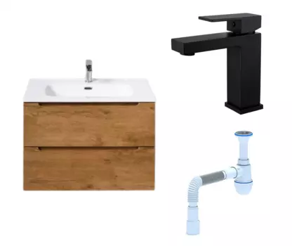 Комплект: Тумба с раковиной BelBagno Etna 70 rovere nature + Смеситель Haiba HB10803-7 черный + Сифон АниПласт 122009+HB10803-7+C2015xrv