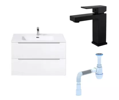 Комплект: Тумба с раковиной BelBagno Etna 80 bianco lucido + Смеситель Haiba HB10803-7 черный + Сифон АниПласт 122011+HB10803-7+C2015xrv