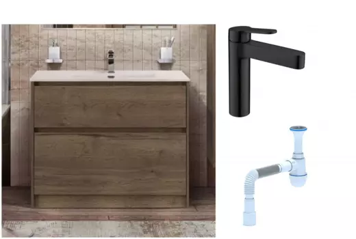 Комплект: Тумба с раковиной BelBagno Kraft 100 напольная + Смеситель для раковины BelBagno Delta DEL-LVM-NERO, черный + Сифон АниПласт 533341 + SNPDEL-LVM-NERO + C2015xrv