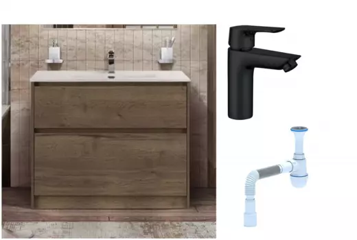 Комплект: Тумба с раковиной BelBagno Kraft 100 напольная + Смеситель Aquanet Static AF330-10B для раковины, чёрный + Сифон АниПласт 533341 + SNPAF330-10B + C2015xrv