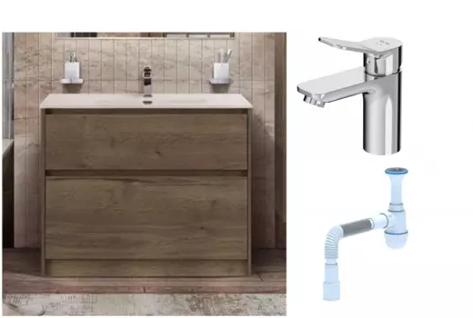 Комплект: Тумба с раковиной BelBagno Kraft 100 напольная + Смеситель Am.Pm X-Joy F85A02100 для раковины, хром + Сифон АниПласт 533341 + SNPF85A02100 + C2015xrv