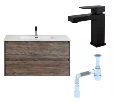 Комплект: Тумба с раковиной BelBagno Kraft 100 pino pasadena + Смеситель Haiba HB10803-7 черный + Сифон АниПласт 130080+HB10803-7+C2015xrv