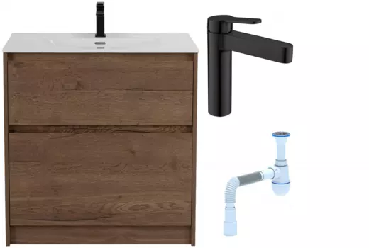 Комплект: Тумба с раковиной BelBagno Kraft 39 80 напольная + Смеситель для раковины BelBagno Delta DEL-LVM-NERO, черный + Сифон АниПласт 533344 + SNPDEL-LVM-NERO + C2015xrv