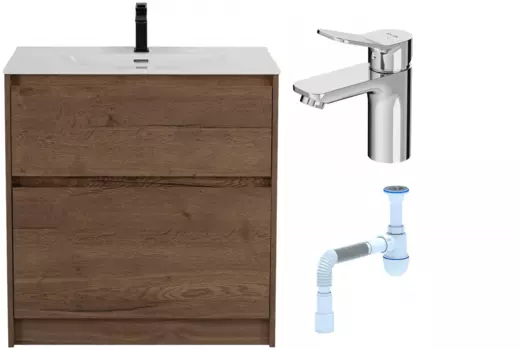 Комплект: Тумба с раковиной BelBagno Kraft 39 80 напольная + Смеситель Am.Pm X-Joy F85A02100 для раковины, хром + Сифон АниПласт 533344 + SNPF85A02100 + C2015xrv