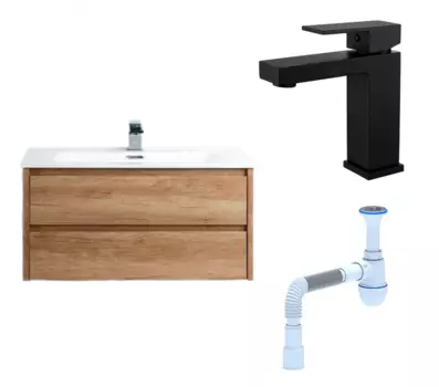 Комплект: Тумба с раковиной BelBagno Kraft 39 80 rovere nebrasca nature + Смеситель Haiba HB10803-7 черный + Сифон АниПласт 134347+HB10803-7+C2015xrv