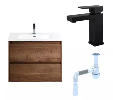 Комплект: Тумба с раковиной BelBagno Kraft 39 50 rovere tabacco + Смеситель Haiba HB10803-7 черный + Сифон АниПласт 134412+HB10803-7+C2015xrv