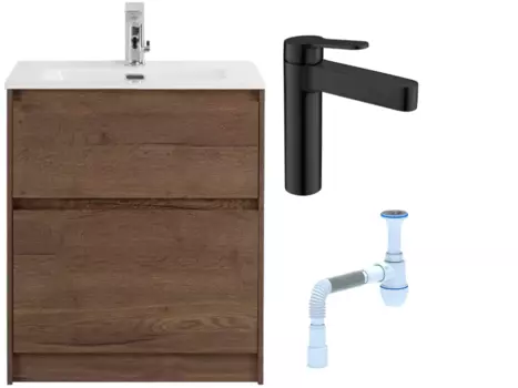 Комплект: Тумба с раковиной BelBagno Kraft 60 напольная + Смеситель для раковины BelBagno Delta DEL-LVM-NERO, черный + Сифон АниПласт 533328 + SNPDEL-LVM-NERO + C2015xrv