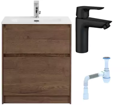 Комплект: Тумба с раковиной BelBagno Kraft 60 напольная + Смеситель для раковины BelBagno Delta DEL-LVM-NERO, черный + Сифон АниПласт 533328 + SNPAF330-10B + C2015xrv