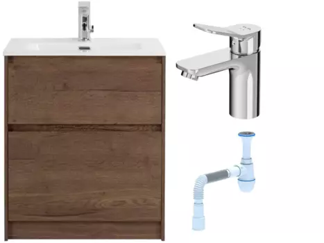 Комплект: Тумба с раковиной BelBagno Kraft 60 напольная + Смеситель Am.Pm X-Joy F85A02100 для раковины, хром + Сифон АниПласт 533328 + SNPF85A02100 + C2015xrv