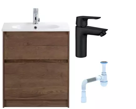 Комплект: Тумба с раковиной BelBagno Kraft 60 напольная + Смеситель Aquanet Static AF330-10B для раковины, чёрный + Сифон АниПласт 533331 + SNPAF330-10B + C2015xrv