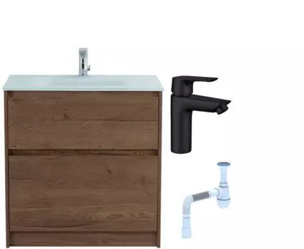 Комплект: Тумба с раковиной BelBagno Kraft 80 напольная + Смеситель Aquanet Static AF330-10B для раковины, чёрный + Сифон АниПласт 533320 + SNPAF330-10B + C2015xrv