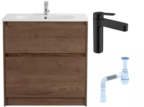 Комплект: Тумба с раковиной BelBagno Kraft 80 напольная + Смеситель для раковины BelBagno Delta DEL-LVM-NERO, черный + Сифон АниПласт 533323 + SNPDEL-LVM-NERO + C2015xrv