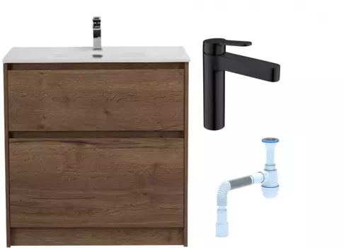 Комплект: Тумба с раковиной BelBagno Kraft 80 напольная + Смеситель для раковины BelBagno Delta DEL-LVM-NERO, черный + Сифон АниПласт 533325 + SNPDEL-LVM-NERO + C2015xrv