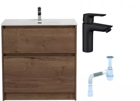 Комплект: Тумба с раковиной BelBagno Kraft 80 напольная + Смеситель Aquanet Static AF330-10B для раковины, чёрный + Сифон АниПласт 533325 + SNPAF330-10B + C2015xrv