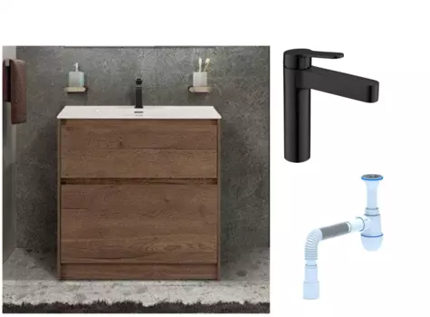 Комплект: Тумба с раковиной BelBagno Kraft напольная + Смеситель для раковины BelBagno Delta DEL-LVM-NERO, черный + Сифон АниПласт 533347 + SNPDEL-LVM-NERO + C2015xrv