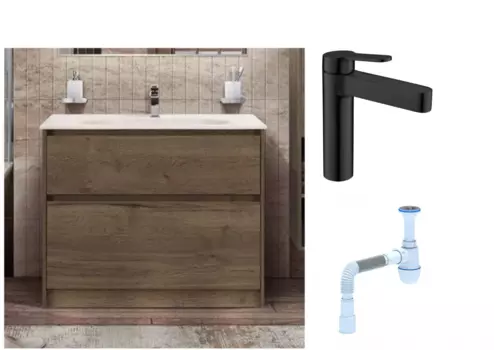 Комплект: Тумба с раковиной BelBagno Kraft напольная + Смеситель для раковины BelBagno Delta DEL-LVM-NERO, черный + Сифон АниПласт 540743 + SNPDEL-LVM-NERO + C2015xrv