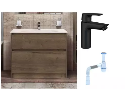 Комплект: Тумба с раковиной BelBagno Kraft напольная + Смеситель Aquanet Static AF330-10B для раковины, чёрный + Сифон АниПласт 540743 + SNPAF330-10B + C2015xrv