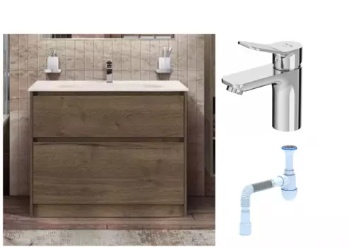 Комплект: Тумба с раковиной BelBagno Kraft напольная + Смеситель Am.Pm X-Joy F85A02100 для раковины, хром + Сифон АниПласт 540743 + SNPF85A02100 + C2015xrv