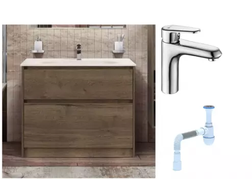 Комплект: Тумба с раковиной BelBagno Kraft напольная + Смеситель Lemark Point LM0306C для раковины, хром + Сифон АниПласт 540743 + SNPLM0306C + C2015xrv