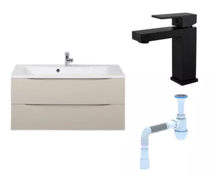 Комплект: Тумба с раковиной BelBagno Marino 100 crema opaco + Смеситель Haiba HB10803-7 черный + Сифон АниПласт 107304+HB10803-7+C2015xrv