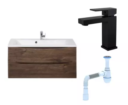 Комплект: Тумба с раковиной BelBagno Marino 100 rovere moro + Смеситель Haiba HB10803-7 черный + Сифон АниПласт 107318+HB10803-7+C2015xrv