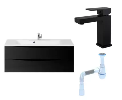 Комплект: Тумба с раковиной BelBagno Marino 120 nero lucido + Смеситель Haiba HB10803-7 черный + Сифон АниПласт 107321+HB10803-7+C2015xrv