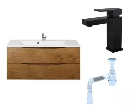 Комплект: Тумба с раковиной BelBagno Marino 120 rovere nature + Смеситель Haiba HB10803-7 черный + Сифон АниПласт 107331+HB10803-7+C2015xrv