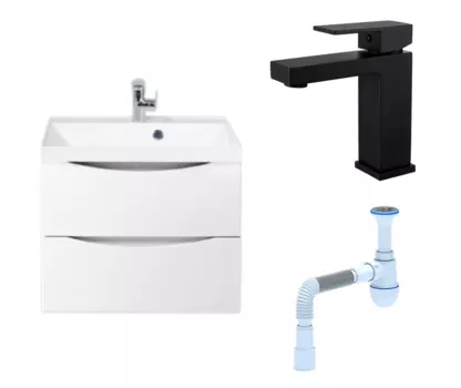 Комплект: Тумба с раковиной BelBagno Marino 60 bianco lucido + Смеситель Haiba HB10803-7 черный + Сифон АниПласт 106331+HB10803-7+C2015xrv