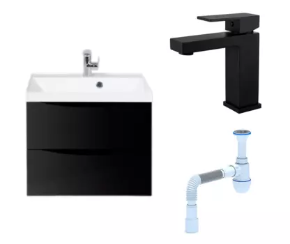 Комплект: Тумба с раковиной BelBagno Marino 60 nero lucido + Смеситель Haiba HB10803-7 черный + Сифон АниПласт 107250+HB10803-7+C2015xrv