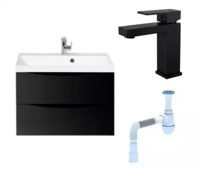 Комплект: Тумба с раковиной BelBagno Marino 70 nero lucido + Смеситель Haiba HB10803-7 черный + Сифон АниПласт 111112+HB10803-7+C2015xrv
