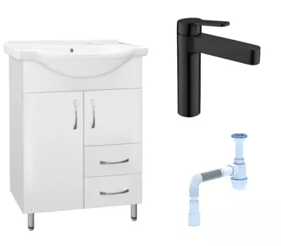 Комплект: Тумба с раковиной Style Line Эко Стандарт №10/2 60 + Смеситель BelBagno Delta DEL-LVM-NERO + Сифон АниПласт 58515 + DEL-LVM-NERO + C2015xrv