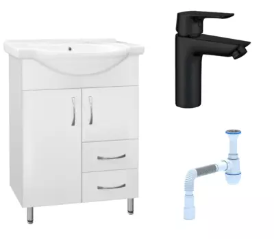 Комплект: Тумба с раковиной Style Line Эко Стандарт №10/2 60 + Смеситель Aquanet Static AF330-10B + Сифон АниПласт 58515 + AF330-10B + C2015xrv